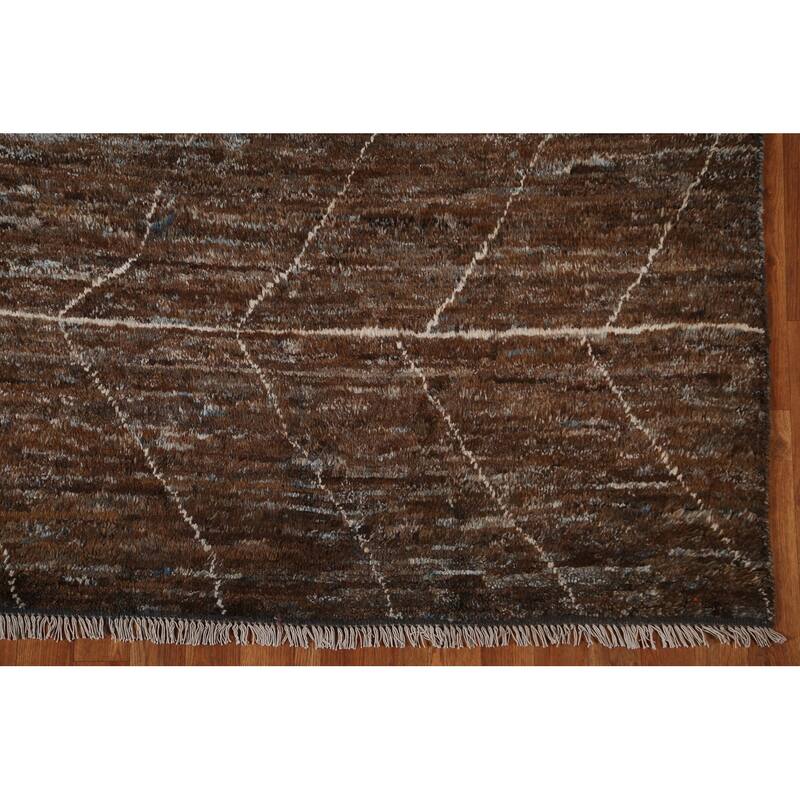 Hand Knotted Oriental 100% Wool Carpet Tribal Tribal Brown Moroccan Area Rug - 9' 7'' X 6' 7''