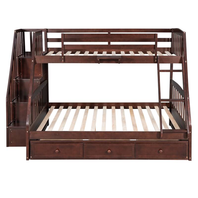 Twin-Over-Full Bunk Bed with Drawers, Ladder, and Storage Staircase in Espresso