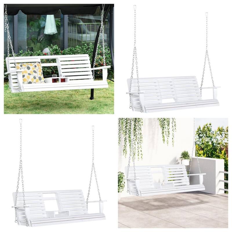 Patio Wood Swing Bench with Folding Coffee Table,Cup Holders,Chains