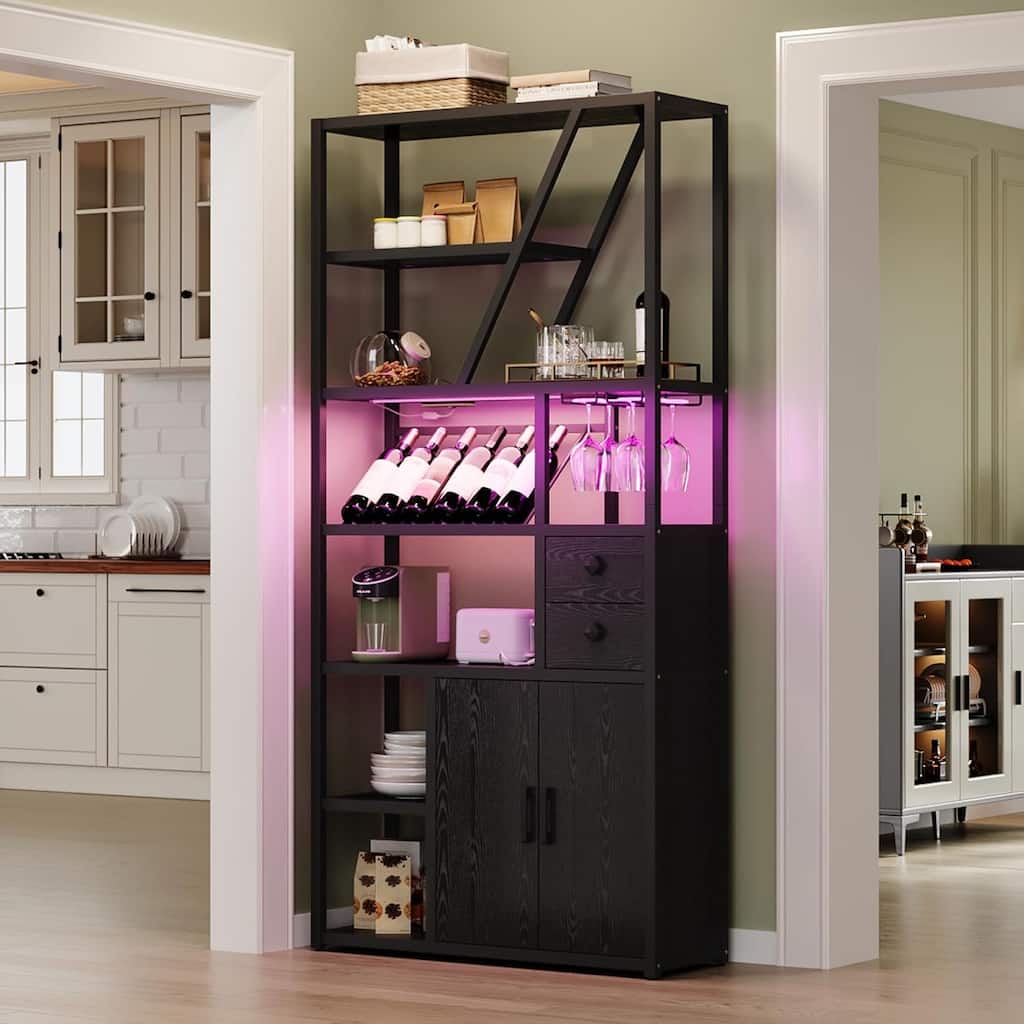 Farmhouse Bar Cabinet with Wine Rack,Bakers Rack with Power Outlet and LED Light
