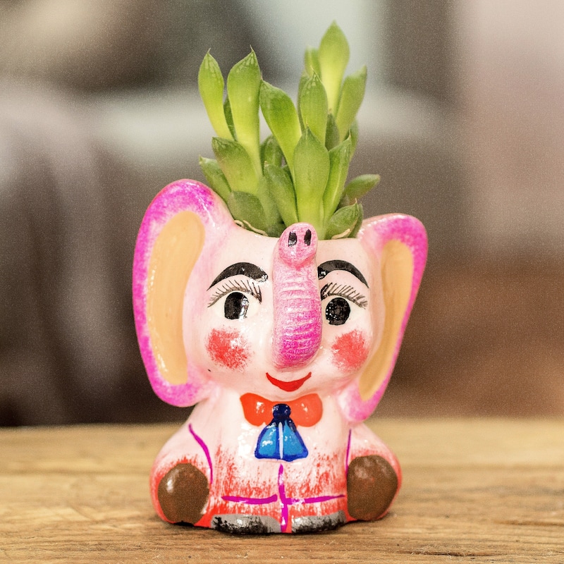 Novica Handmade Herbaceous Elephant Ceramic Mini Flower Pot