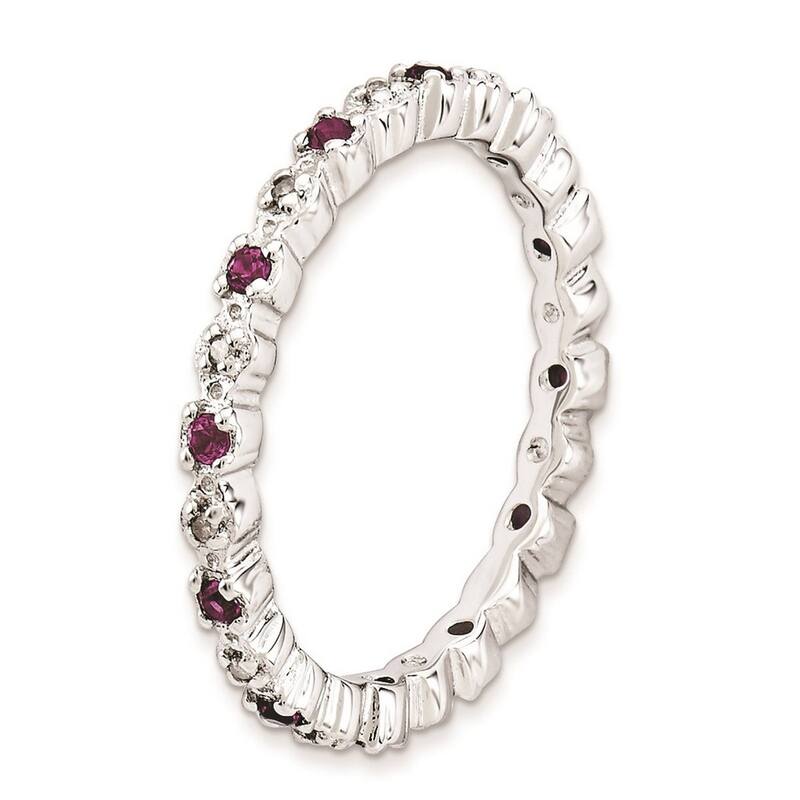 Curata 925 Sterling Silver Polished Prong set Stackable Expressions Rhod. Garnet and Diamond Ring