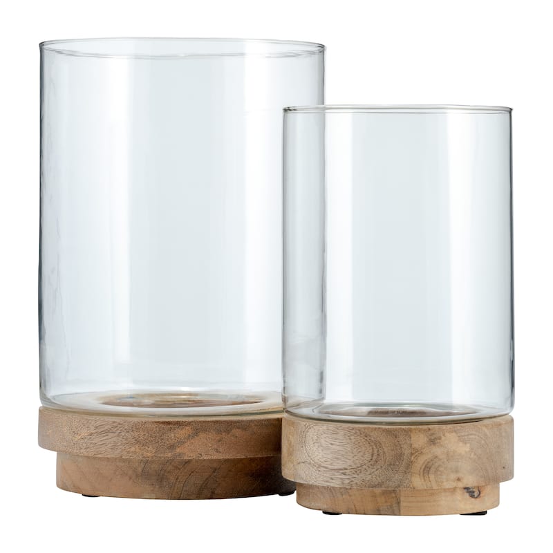 Glass and Wood Candle Stands for Pillar Candles - Set of 2, 9" & 11" Natural