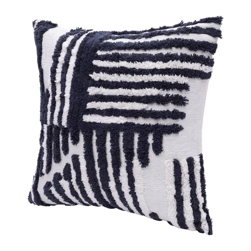 Handwoven Abstract Striped Shag Throw Pillow Cover - 22" - White and Navy Blue
