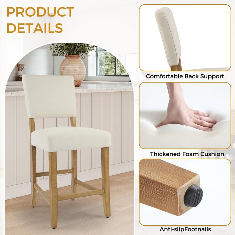 24 Inches Counter Height Bar Stools Upholstered Barstools with Brushed Legs Set of 2