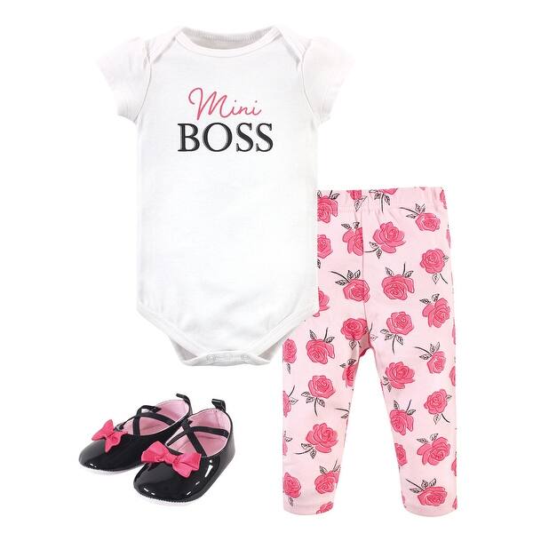 slide 1 of 1, Little Treasure Baby Girl Cotton Bodysuit, Pant and Shoe 3pc Set, Mini Boss 0-3 Months - Mini Boss