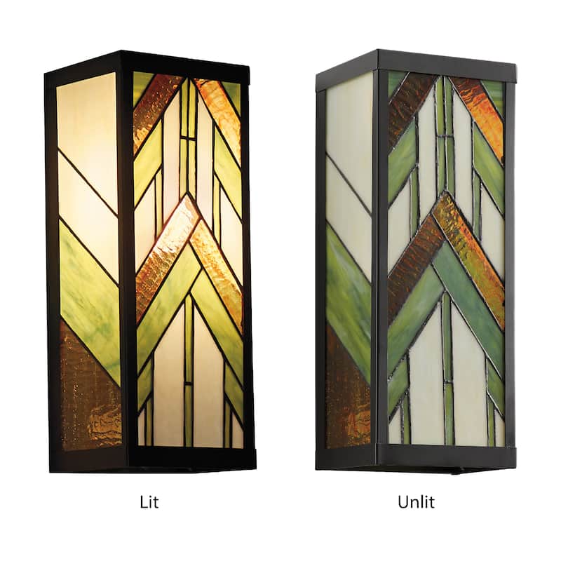 River of Goods Green Stained Glass and Black Satin Rectangular 1-Light Outdoor Wall Sconce - 6.25" x 5.5" x 16.25"