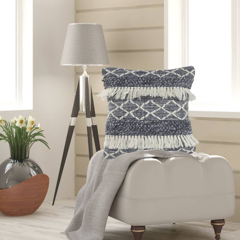 Sevita Navy and Ivory Textured with Fringe Throw Pillow - Accent - 20" x 20" - Polyester - Single