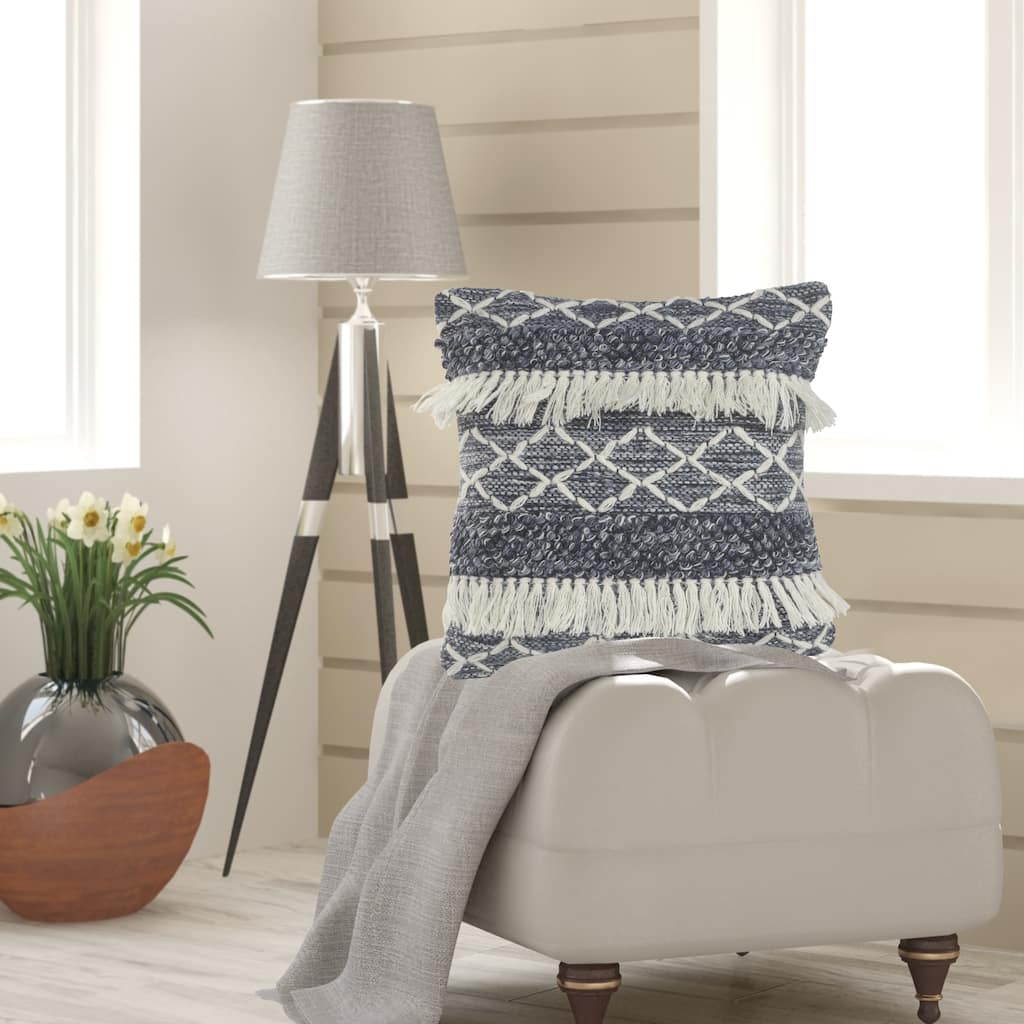 Sevita Navy and Ivory Textured with Fringe Throw Pillow