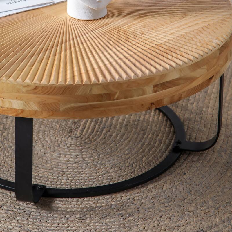 24" Round Coffee Table with Metal Legs, Modern Carving Pattern Wood Table, Center Table for Living Room, Reception Room
