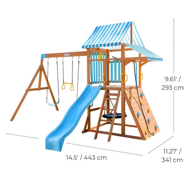dimension image slide 0 of 2, Teamson Kids Everett Plus Swing Set Playset with Platform, Rock Wall, and Wave Slide
