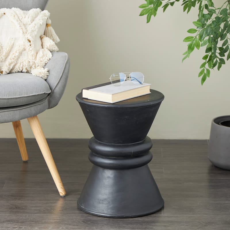Black Wood Handmade Carved Hourglass Accent Table with 3D Ring Center - Black