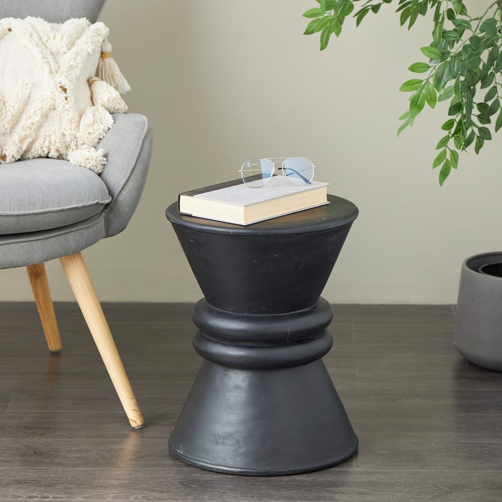Black Wood Handmade Carved Hourglass Accent Table with 3D Ring Center