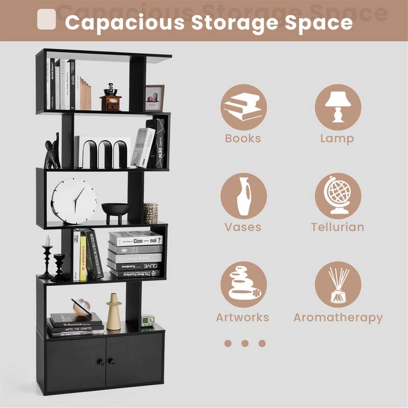 Gymax 2PCS 6-Tier Shaped Bookshelf w/ Cabinet 6-Tier Tall Bookcase w/