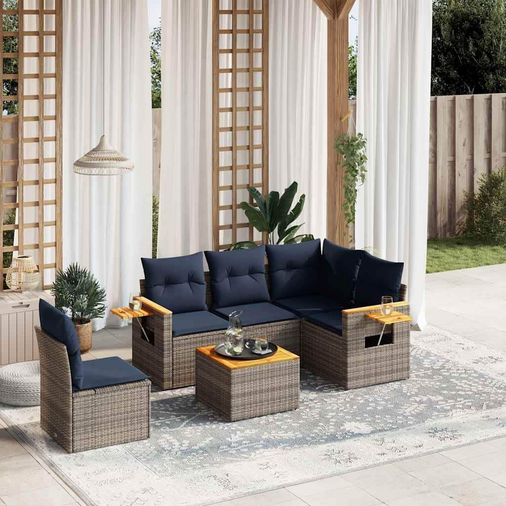 vidaXL 6 Piece Patio Sofa Set with Cushions Grey Poly Rattan (US only) - 70.5x33.5x48.8