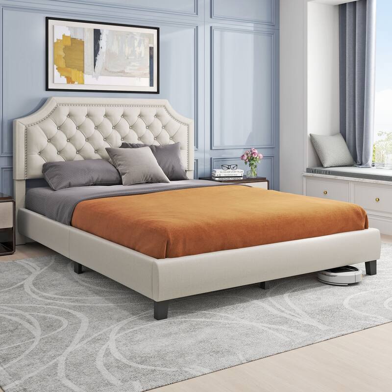 Moasis Linen Upholstered Platform Bed Velvet Bed Frame with Adjustable Headboard