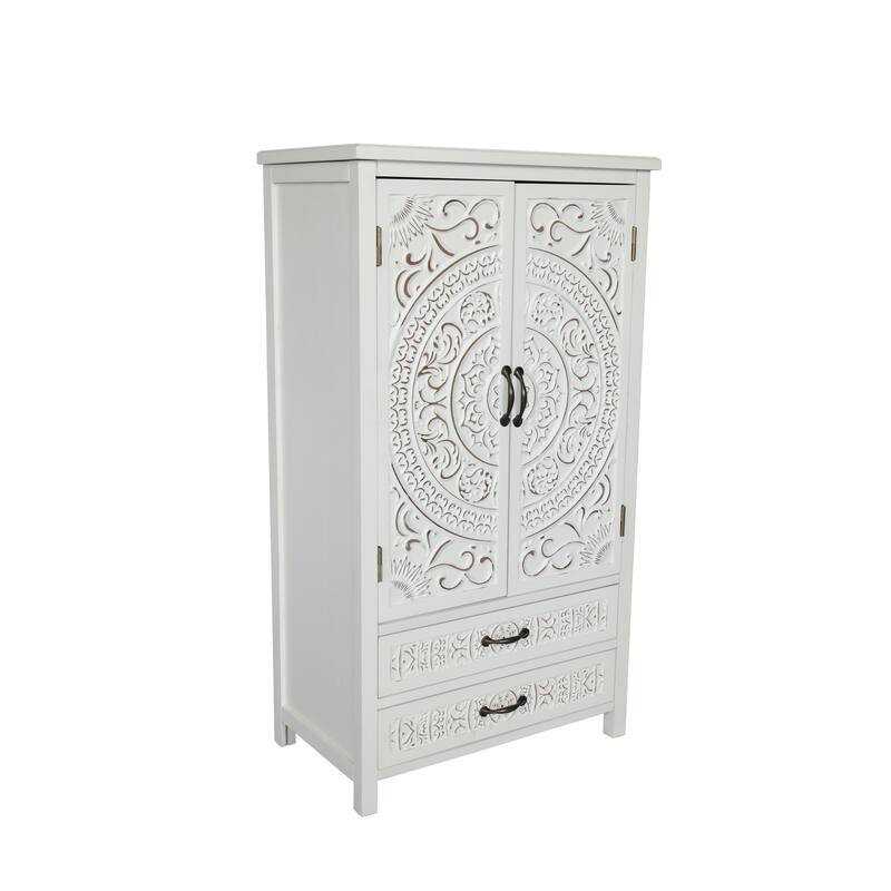 Tall Tower Accent Cabinet with Carved Doors, Multi-Functional Wood Buffet Cabinet, Storage Cabinet with 2 Doors & 2 Drawers