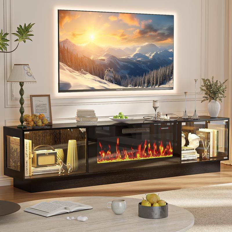 BOSSIN 80" Fireplace TV Stand with Adjustable LED Lights, Modern Entertainment Center with Glass Door Storage Cabinet, Black - Black