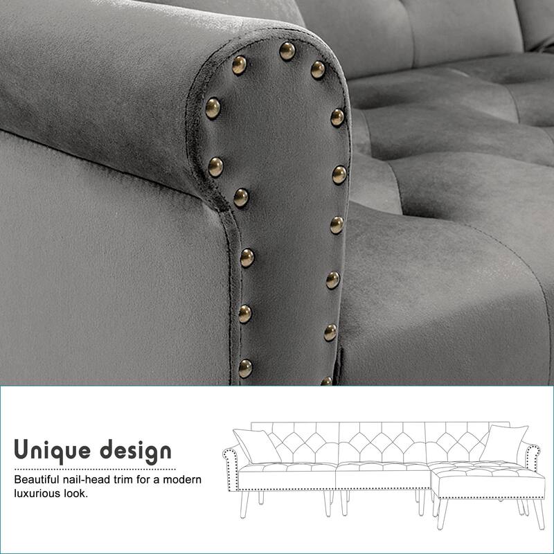 Convertible Velvet Sofa Couch, Sectional Sofa with Ottoman, Mid-Century Futon Sofa Bed - 32"D x 100.7"W x 29.9"H
