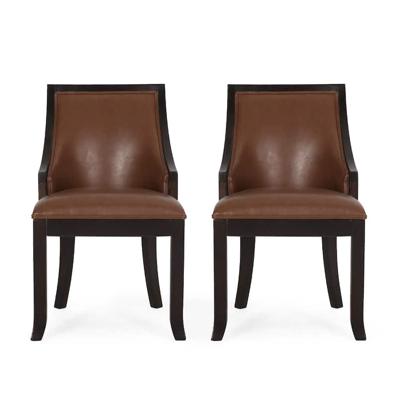 Dining Chair Set of 2, Light Brown Faux Leather, Black Wood Frame