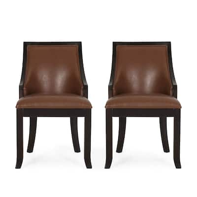 Dining Chair Set of 2, Light Brown Faux Leather, Black Wood Frame