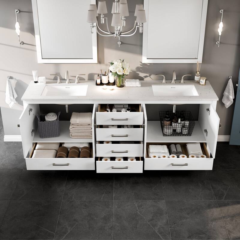 Eviva Aberdeen 84"W x 22"D White Double Sink Vanity with White Carrara Quartz Top and Rectangular Undermount Sinks