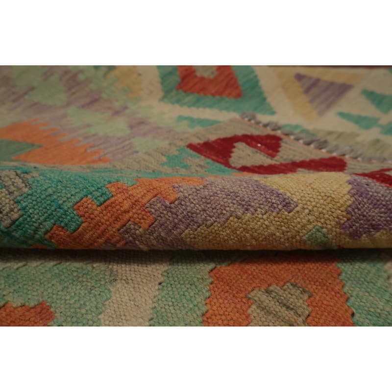 Hand Woven Oriental 100% Wool Carpet Southwestern Tribal Beige & Ivories Kilim Area Rug - 9' 7'' X 6' 9''