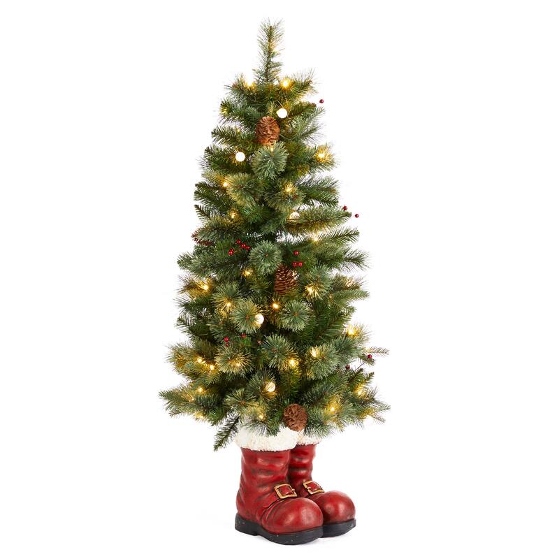 Glitzhome 4.5ft LED Lighted Christmas Tree with Santa Boots Base, Berry Bow Wreath, Garland Set for Front Door Entryway