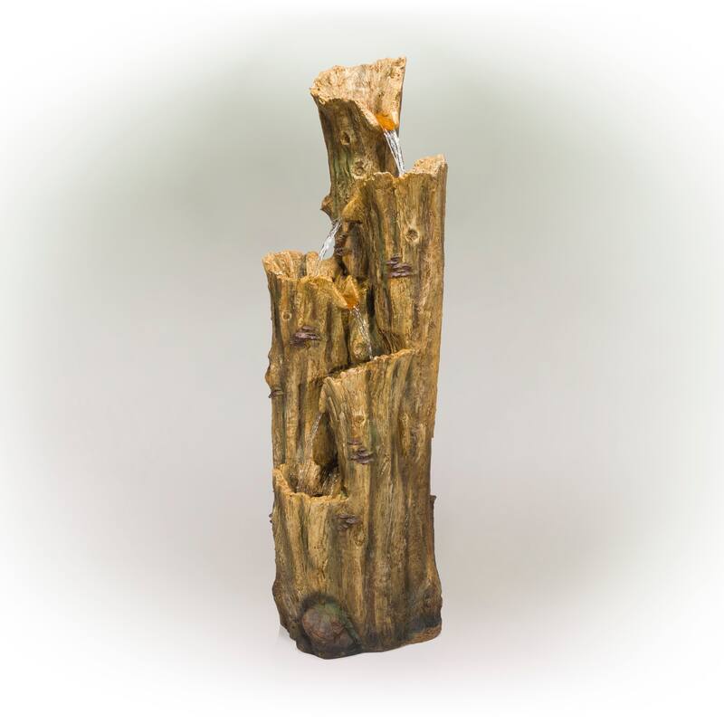 Alpine Corporation 65 Tall Outdoor 4 Tier Cascading Tree Bark Water Fountain with LED Lights Elegant Water Feature for Garden