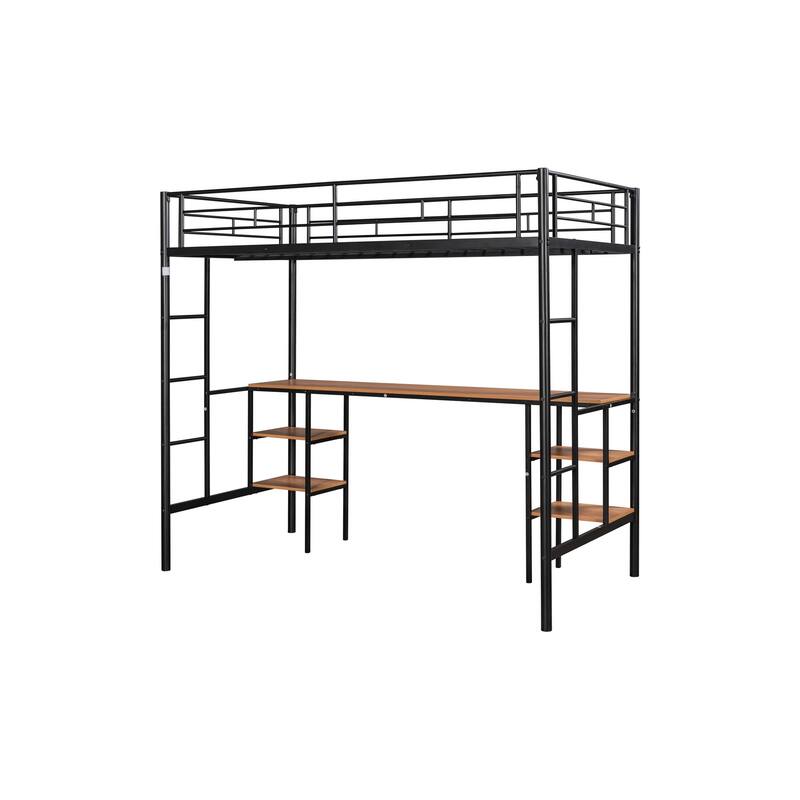 Twin Loft Bed with Built-in Table, Shelves, and Noise-Reducing Features, Heavy-duty Metal Frame, Safety Guardrail, Dual Ladders
