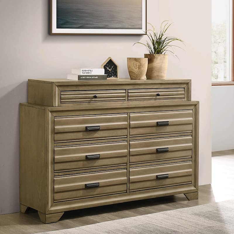 Roundhill Furniture Loiret Rubbed Gray Oak Finish Wood 8-Drawer Dresser with Mirror