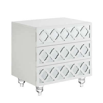 White Wood End Table with 3 Drawers and Clear Mirrored Legs - 18” x 18” x 24” (D x W x H)