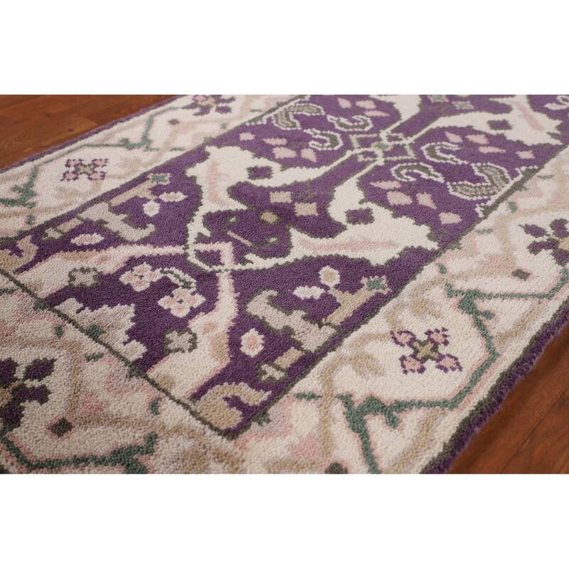 Purple & Ivory Oushak Indian Runner Rug Handmade Wool Carpet - 2'7"x 8'1"