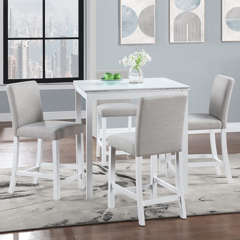 Counter Height Dining Table Chairs Set with Crystal Decorative Table Edge Wooden Square Table with 4 Dining Chairs, 5 Piece - Light Gray,White
