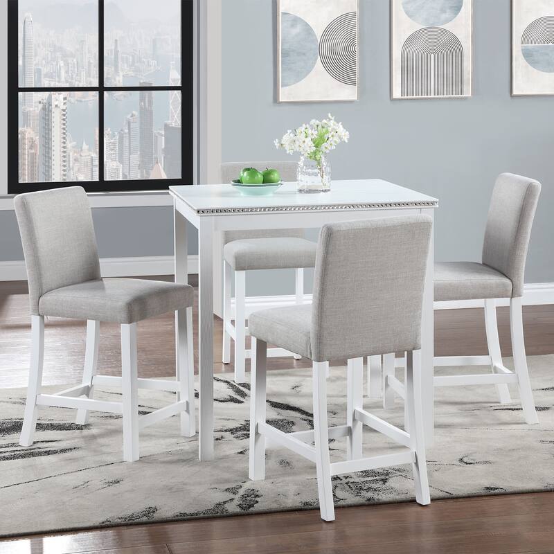 White Counter Height Dining Table with Crystal Decoration, Upholstered Dining Chairs, Wood Table and Chairs Set