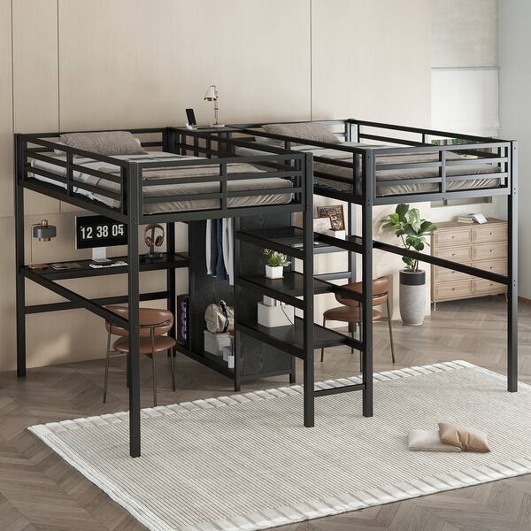 slide 2 of 13, Black Twin Over Twin Loft Bed with Double Desk Wardrobe Shelves Power Outlet Black - Twin