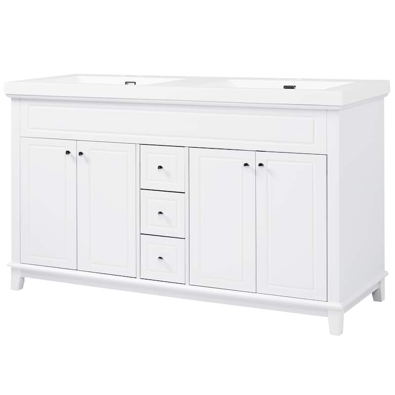 60" Bathroom Vanity-Classic-Wood Legs-Resin Double Sinks with Soft-Close Drawers & Doors.
