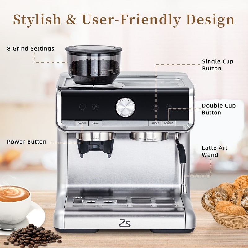 Espresso Machine with Grinder and Milk Frother Steam Wand Silver