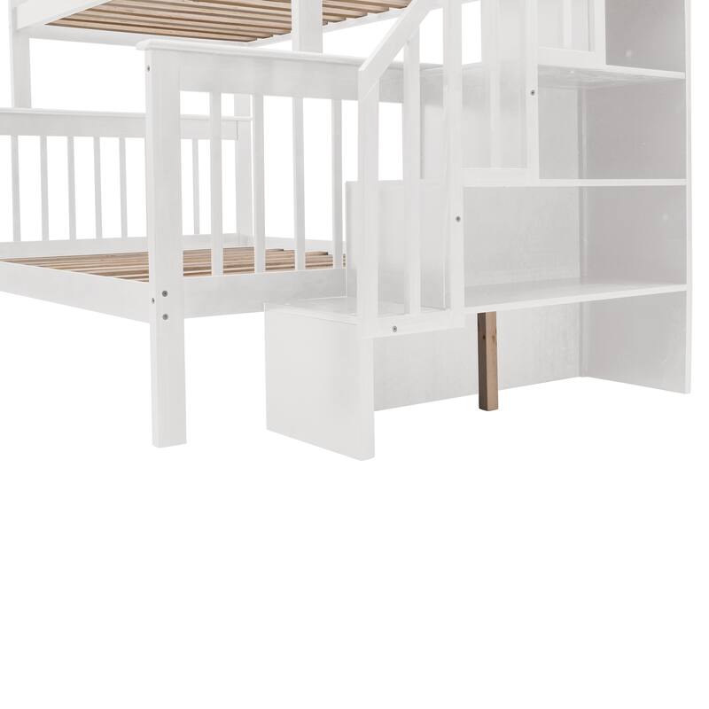 White Twin-Over-Full Pine Bunk Bed with Staircase and Drawer