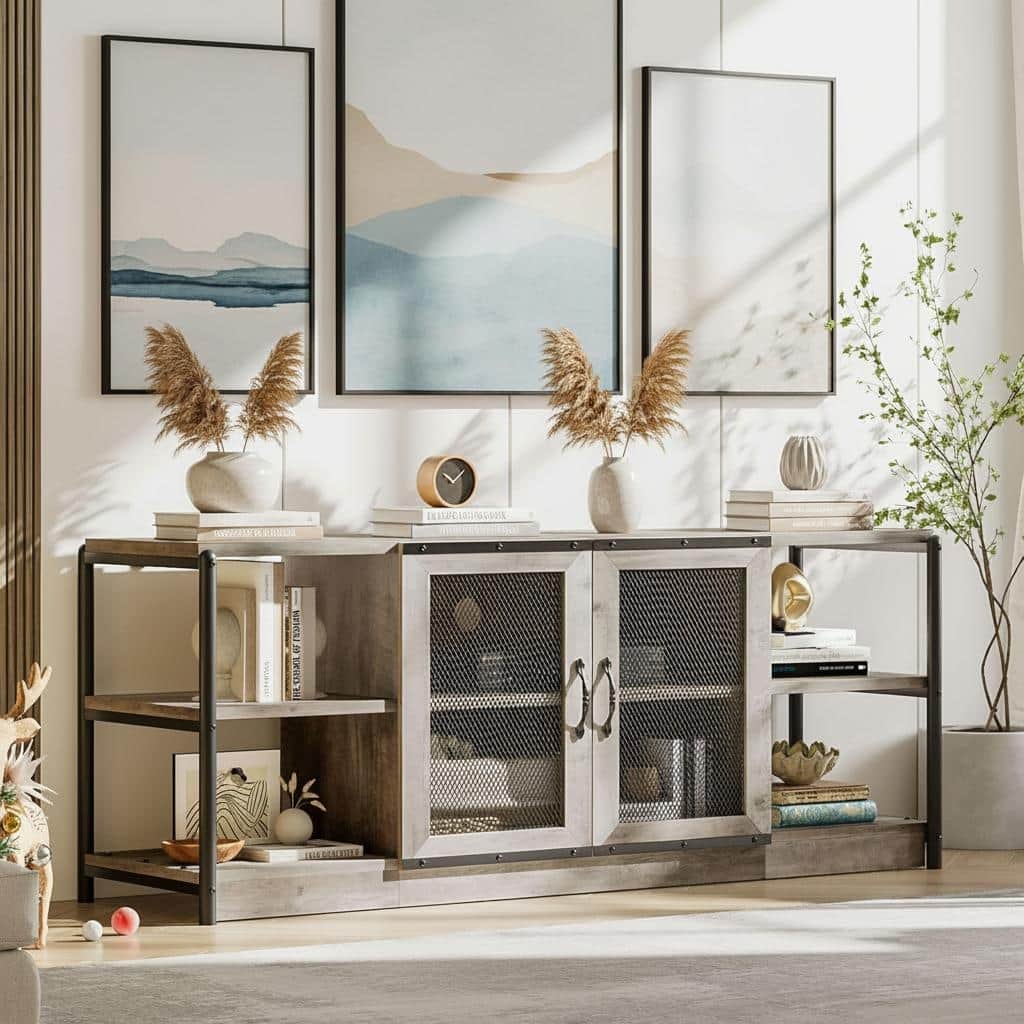 Farmhouse TV Stand, with Double Mesh Doors