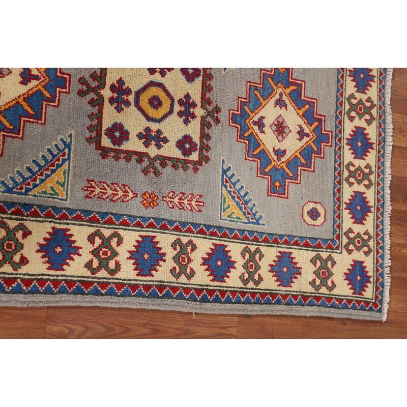 Gray Geometric Kazak Rug Handmade Foyer Wool Carpet - 2'9" x 4'1"