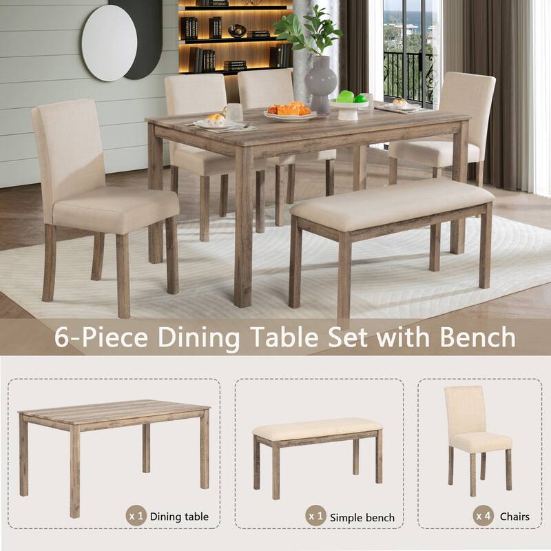 6 Piece Wooden Rectangular Dining Kitchen Table with 4 Upholstered Chairs and Bench, for Dining Room Furniture