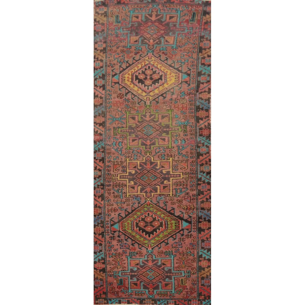 Hand Knotted Oriental 100% Wool Carpet Traditional Geometric Pink Heriz Runner Rug - 9' 5'' X 3' 0''