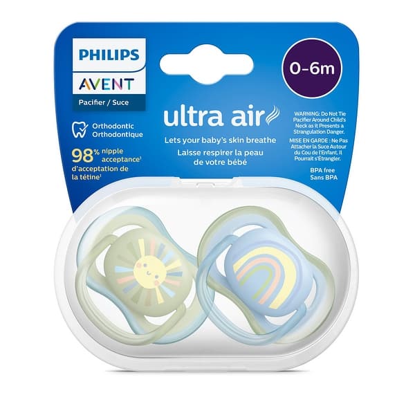 slide 2 of 9, Philips Avent Ultra Air Pacifier 0 to 6M Smiling Sun and Blue Rainbow in 4 Pack Blue