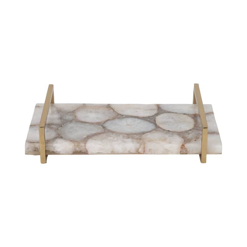Rectangle Agate Tray with Metal Handles -Home Decor - 14", Ivory & Tan - 14.0"