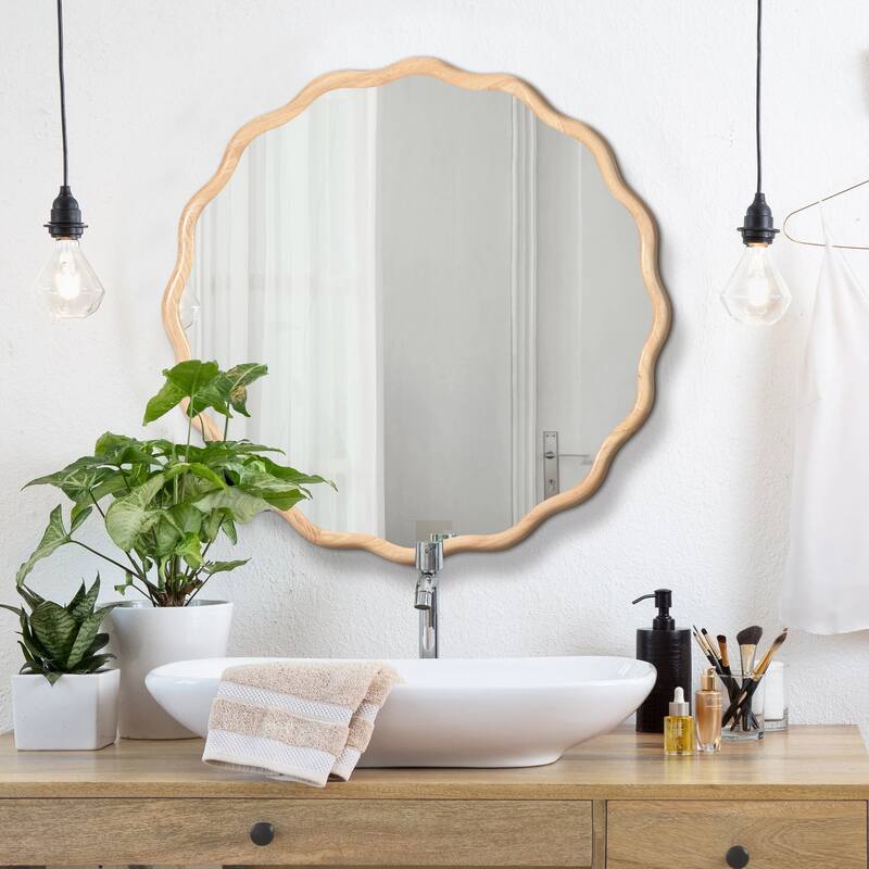 31"/36"/42" Modern Solid Wood Round Wall Decor Mirror - Natural Wood-31"