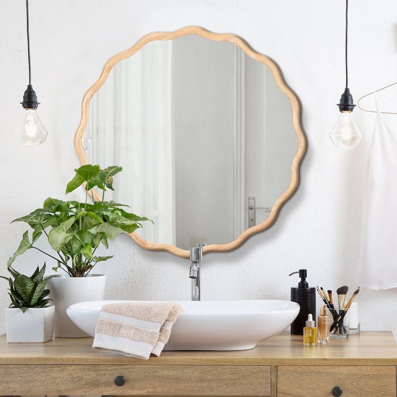 Mia Solid Wood Wavy Round Wall Mirror with HD Reflection and Artistic Frame Design by GDFStudio - Natural Wood - 31" x 31"
