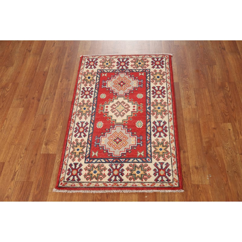 Traditional Kazak Oriental Rug Hand-Knotted Geometric Wool Carpet - 2'0"x 3'0"