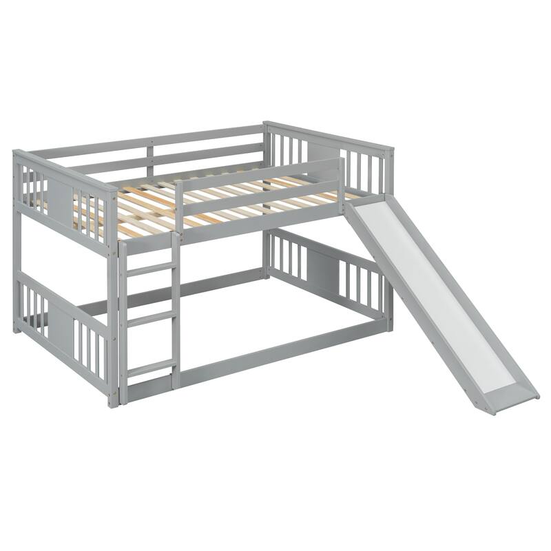 Roomfitters Full Over Full Bunk Bed with Slide and Ladder, Solid Wood Frame, Space-Saving Bedroom Furniture, Gray