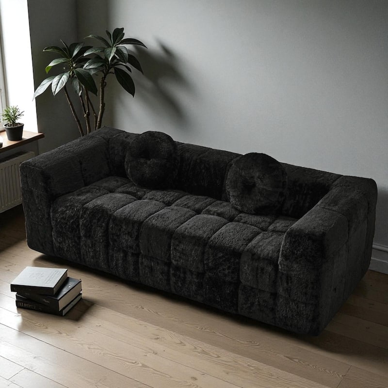 84.6" Modern Boneless Cloud Sofa, Lychee-Textured Long-Pile Polyester 3-Seater Couch with Checkered Design and Round Pillows